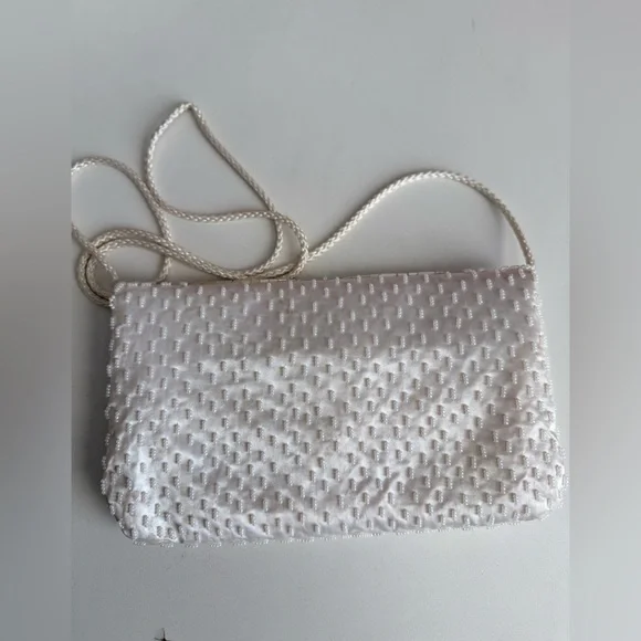 Vintage White Beaded Satin Clutch Purse | Pearl Evening Bag Bridal Prom 90s Y2K - Picture 3 of 9